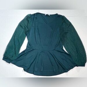 Forest Green Swiss Dot Sleeve Tiered Hem Shirt L XL Fairy Goblin Core Whimsigoth